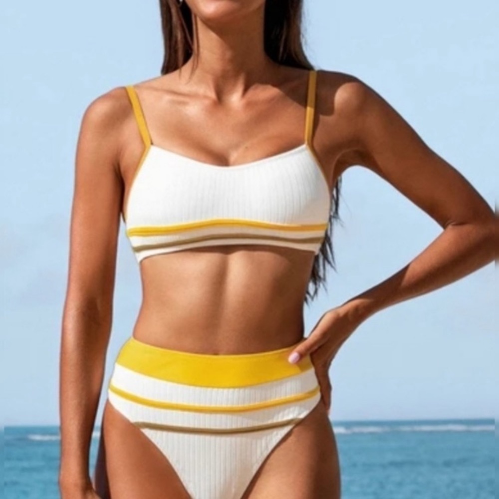 Cupshe NWOT white and yellow bikini molded cup top ribbed highwaist bottom small - Picture 2 of 8